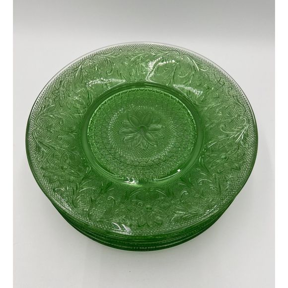 Vintage Tiara Glass Chantilly Green Dinner Plates Set of 8 Indiana Glass 10 3/8" - Picture 6 of 7